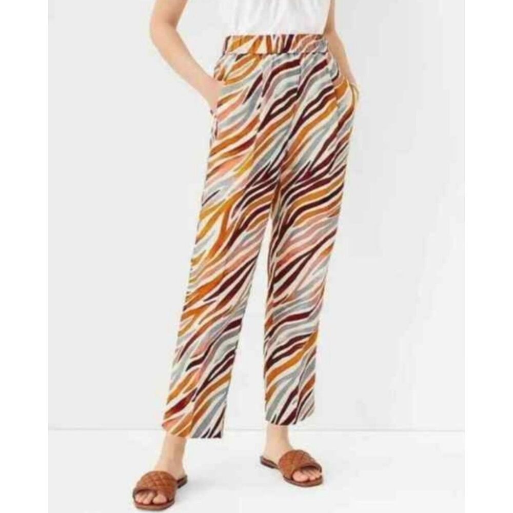 ANN TAYLOR High Rise Straight Leg Pull-On Pants, Zebra, Linen Blend, Sz M